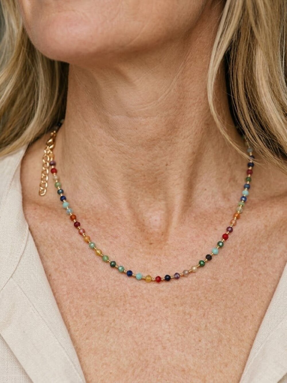 Multicolor Gemstone Beaded Chain Necklace Gold Tone Station Rainbow Gem Jewelry